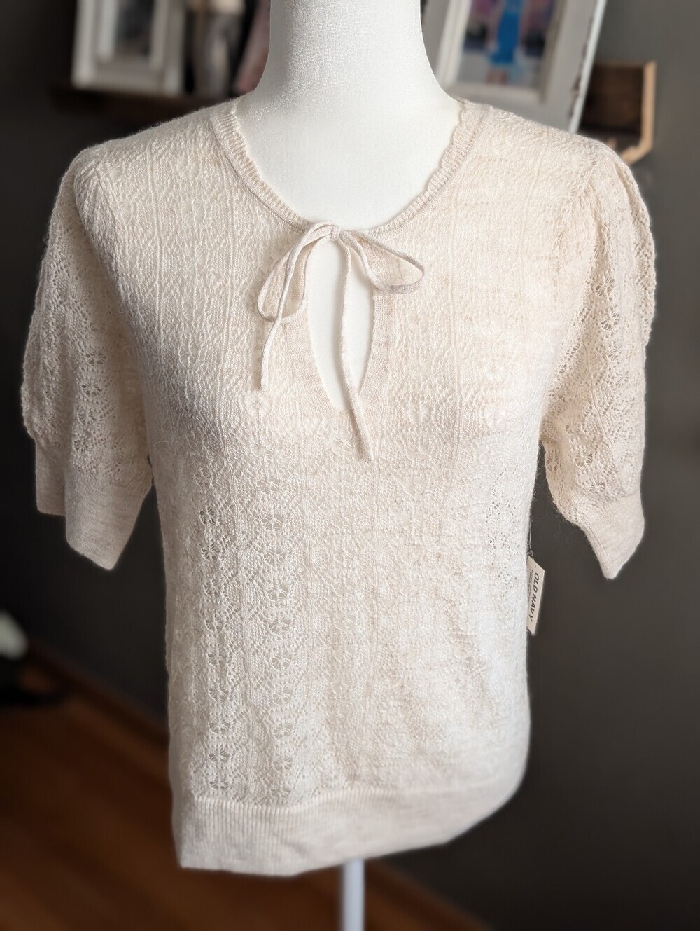 NWT Old Navy Ivory Pointelle Knit Tie Neck Puff Sleeve Sweater Medium Tall Wool